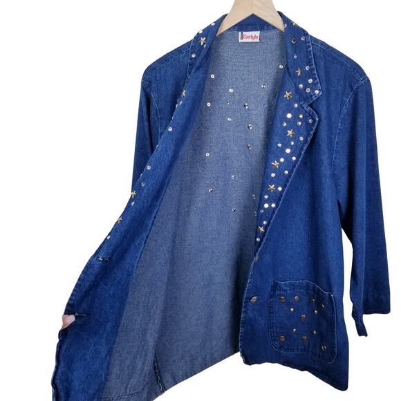 *Vintage* CARLYLE Two Button Bejeweled Denim Blazer Stars & Gems - XL - Picture 3 of 7
